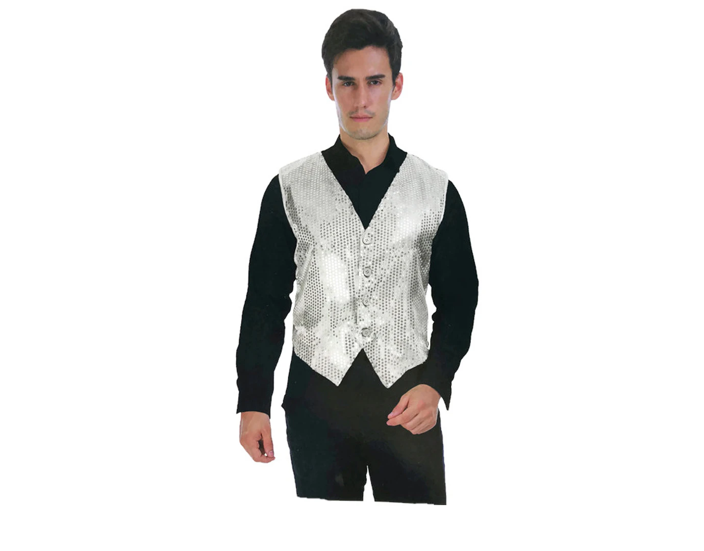 Men's Premium Sequin Vest Waistcoat Dance Costume Disco Sparkle Deluxe - Silver - Gold