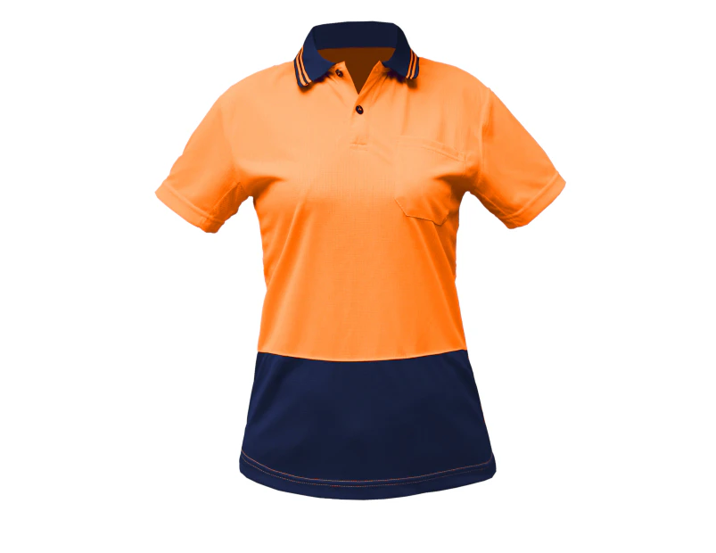 BigBEE Ladies Hi Vis Polo Shirt Two Tone Cool Dry Short Sleeve - ORANGE/NAVY