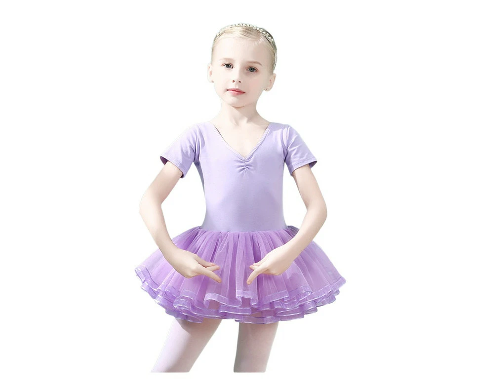 Children Ballet Dress Girls Dance Leotard Cotton Costume Dancewear Dress Up Outfit with Tutu Skirt Short Sleeve-Purple