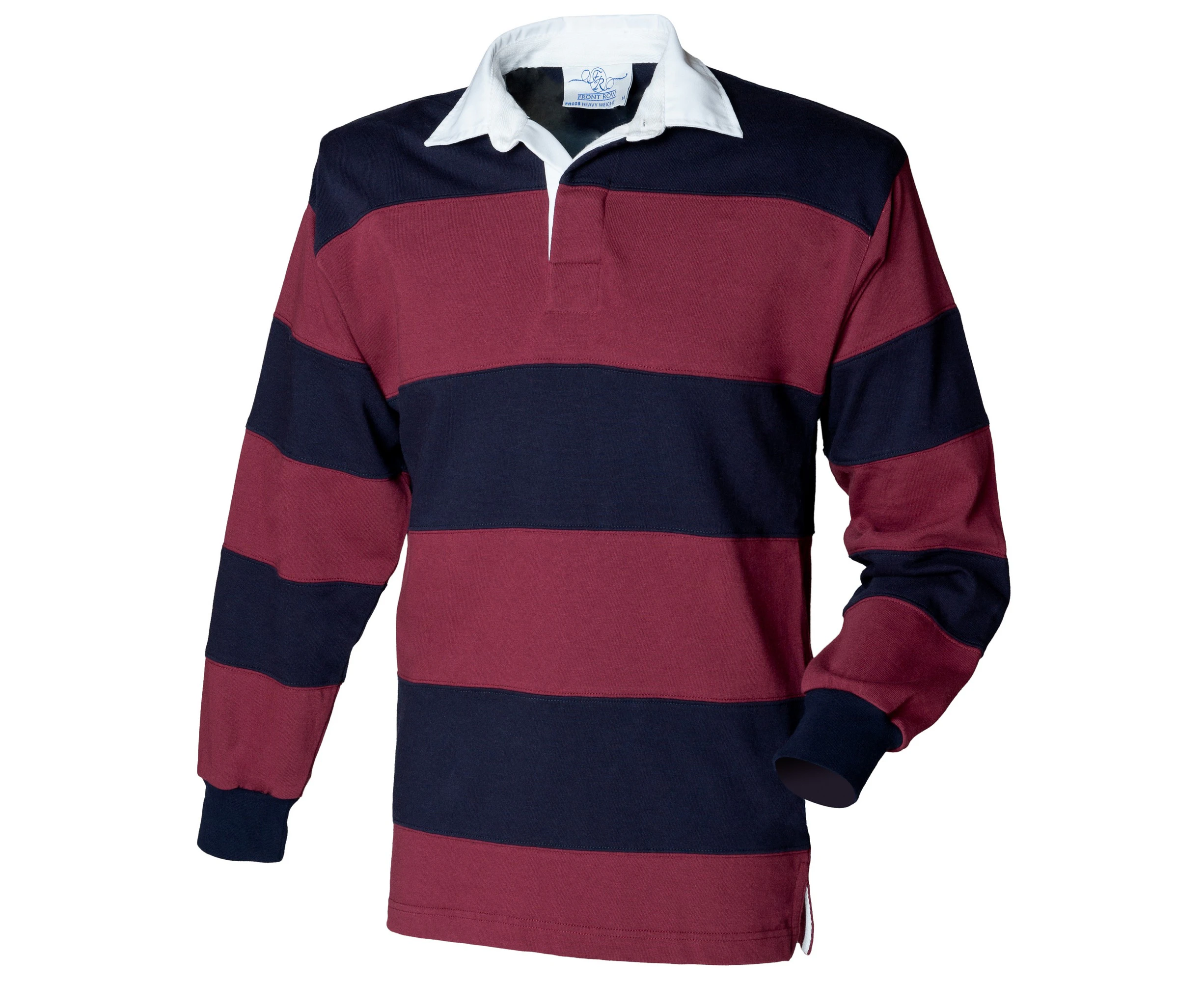 Front Row Sewn Stripe Long Sleeve Sports Rugby Polo Shirt (Burgundy/Navy) - RW476