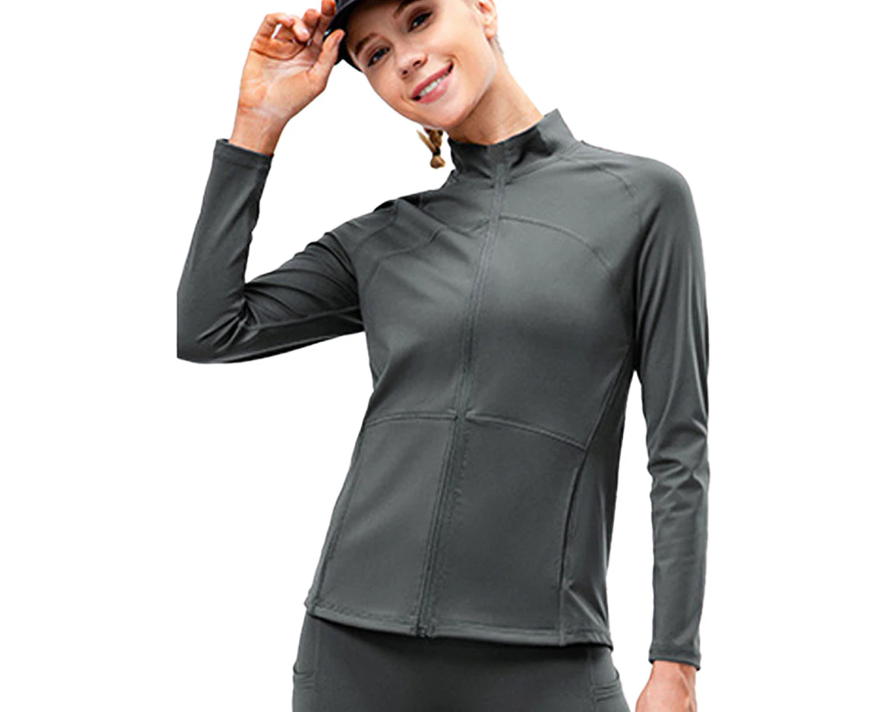 Autumn Winter Plush Nylon Yoga Fitness Coat Women's Full-Zip Jacket Stretchy Running Long Sleeve - Grey