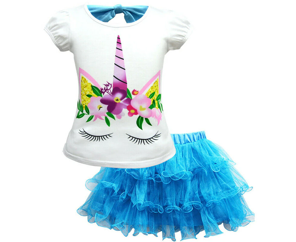 Xianghua Kids Girls Unicorn T-Shirt + Tutu Skirt Set Summer Party Outfit - Blue