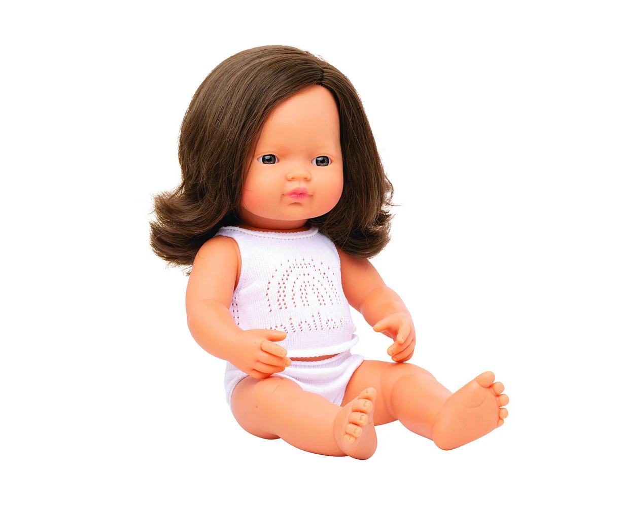 Miniland Baby Doll Caucasian Brunette Girl 38cm Kids Fun Pretend Play Toy 10m+