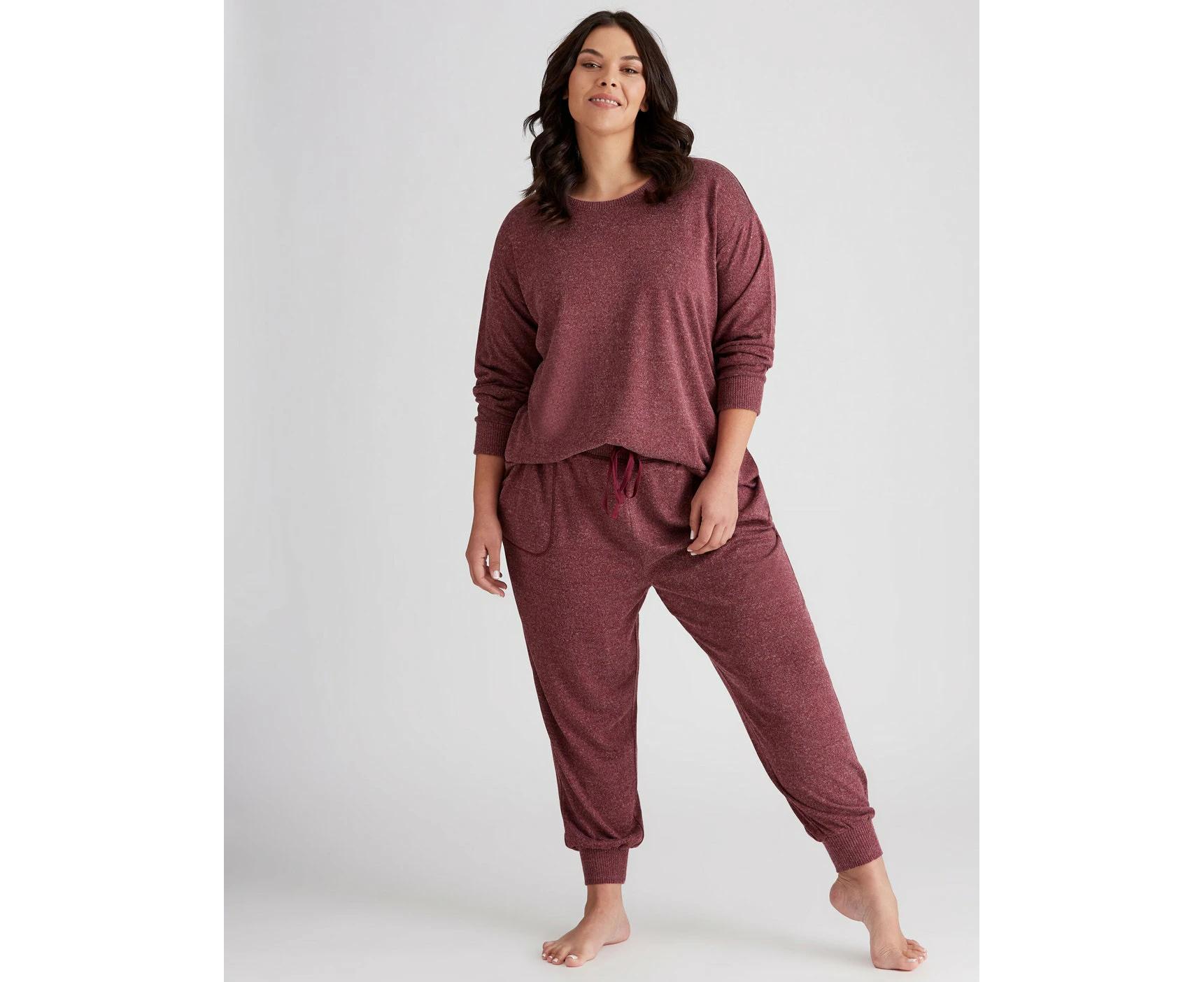 AUTOGRAPH - Plus Size - Womens Winter Pyjamas Red Pajama Set PJs Berry Knitwear - Long Sleeve - Relaxed Fit Long Pants Regular Top Crew Neck Elastane