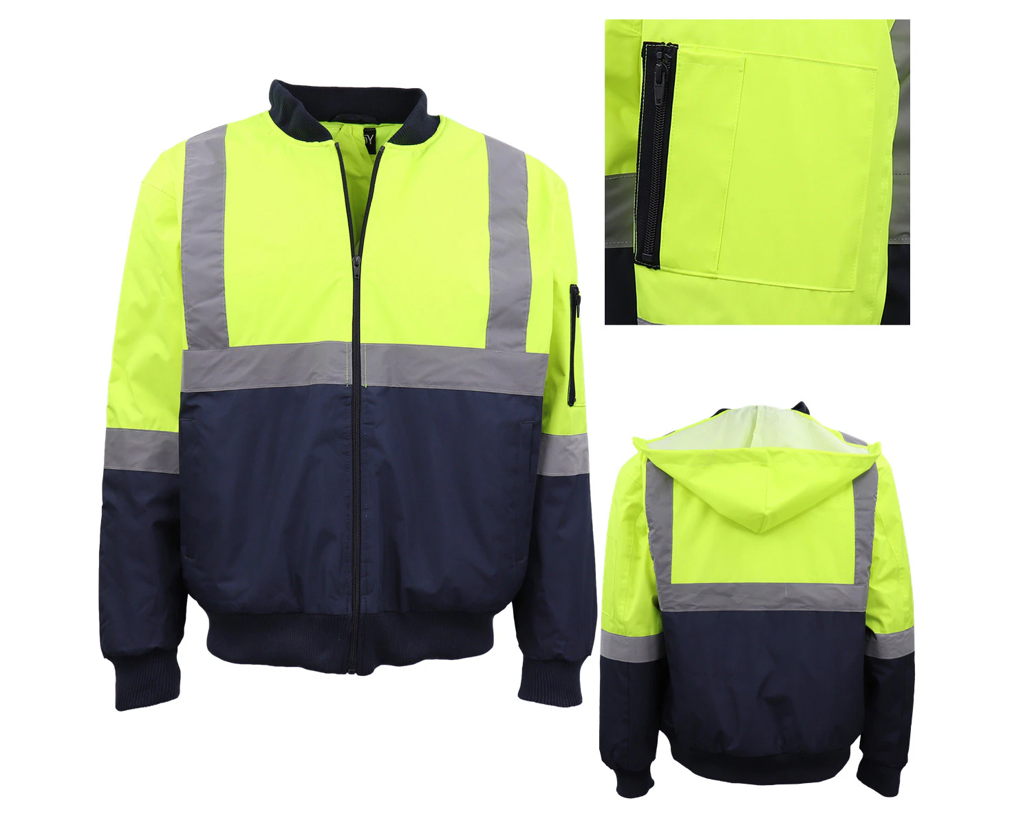 Mens Hi Vis Waterproof Rain Jacket Workwear Reflective Tape Hooded Bomber Jumper - Fluro Yellow / Navy - Fluro Yellow / Navy