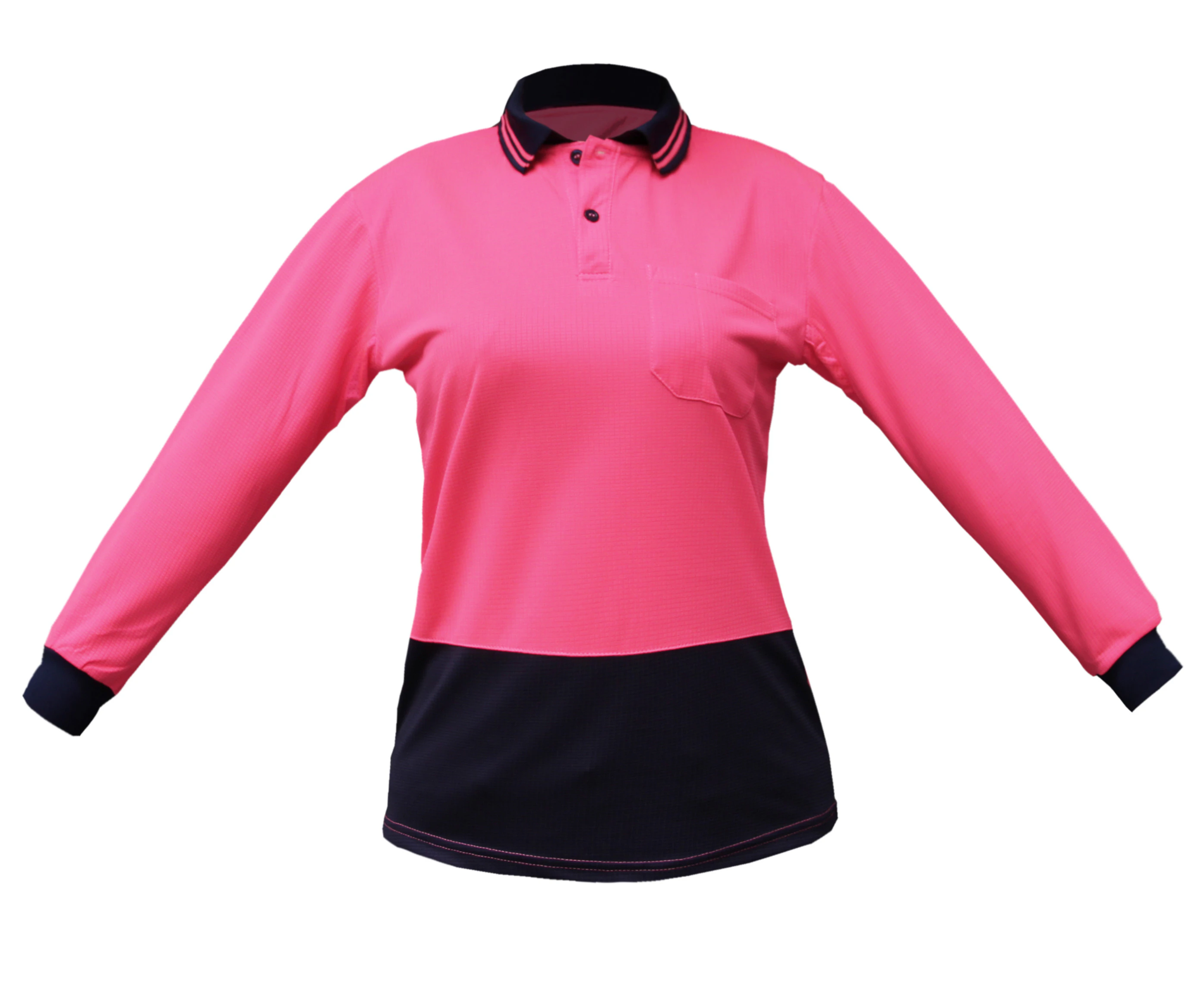 BigBEE Ladies Hi Vis Polo Shirt Two Tone Cool Dry Long Sleeve - PINK/NAVY