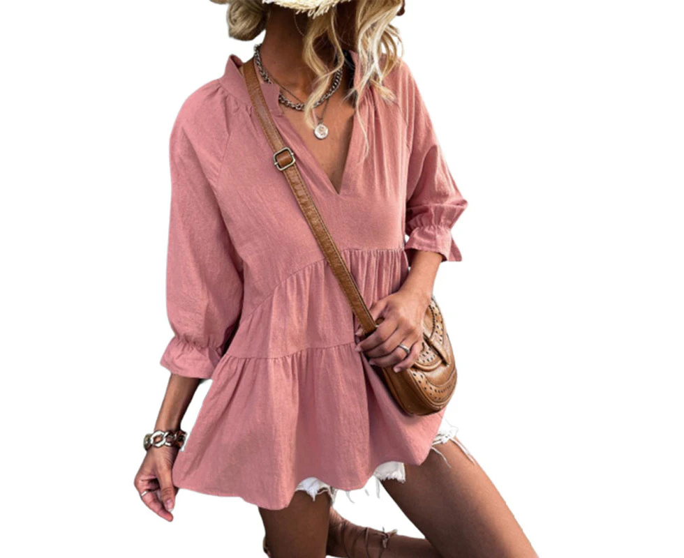 Women's  Tunic Tops 3/4 Sleeve V-Neck Blouse Top - Pink