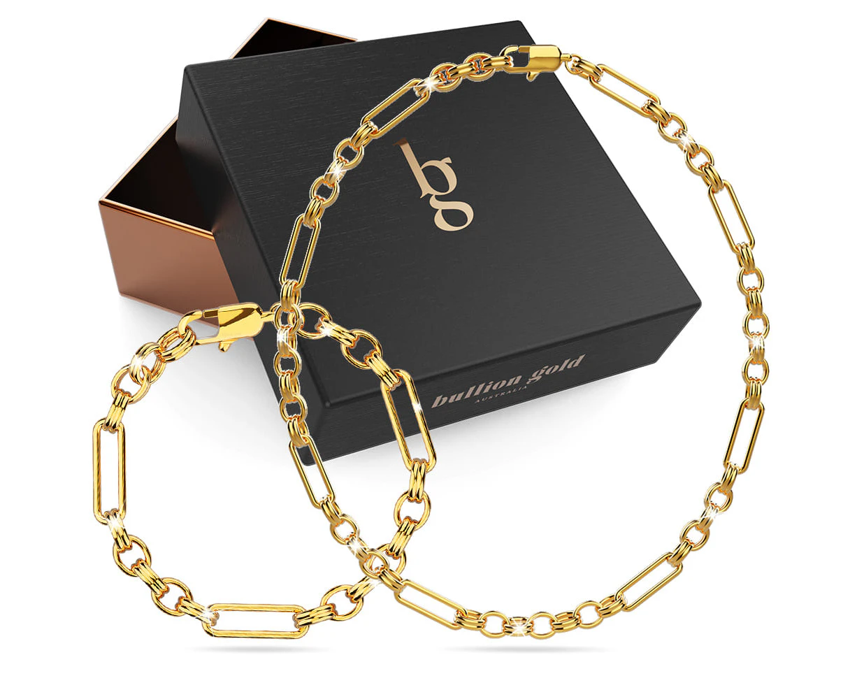 Boxed Roxanne Oval Link Paperclip Chain Gold Necklace and Bracelet Set