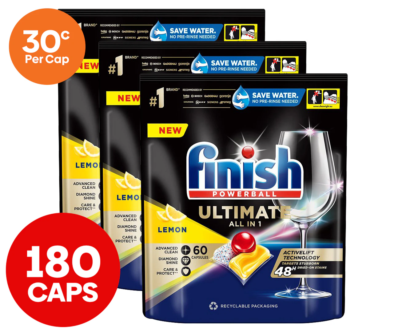 3 x 60pk Finish Powerball Ultimate All in 1 Dishwashing Caps Lemon