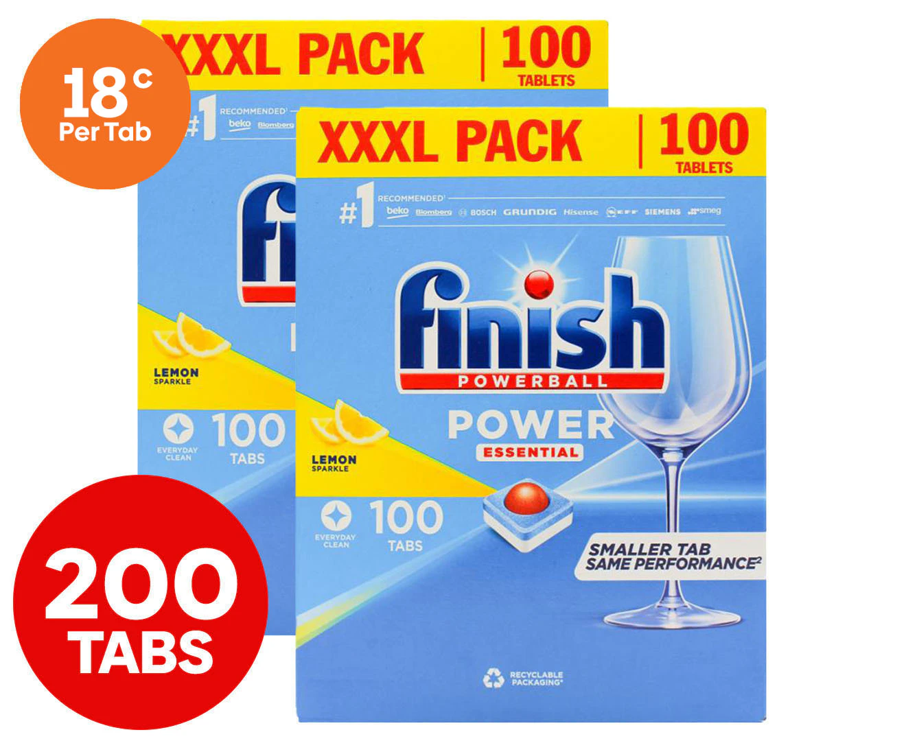 2 x 100pk Finish Powerball Power Essential Dishwashing Tablets Lemon Sparkle