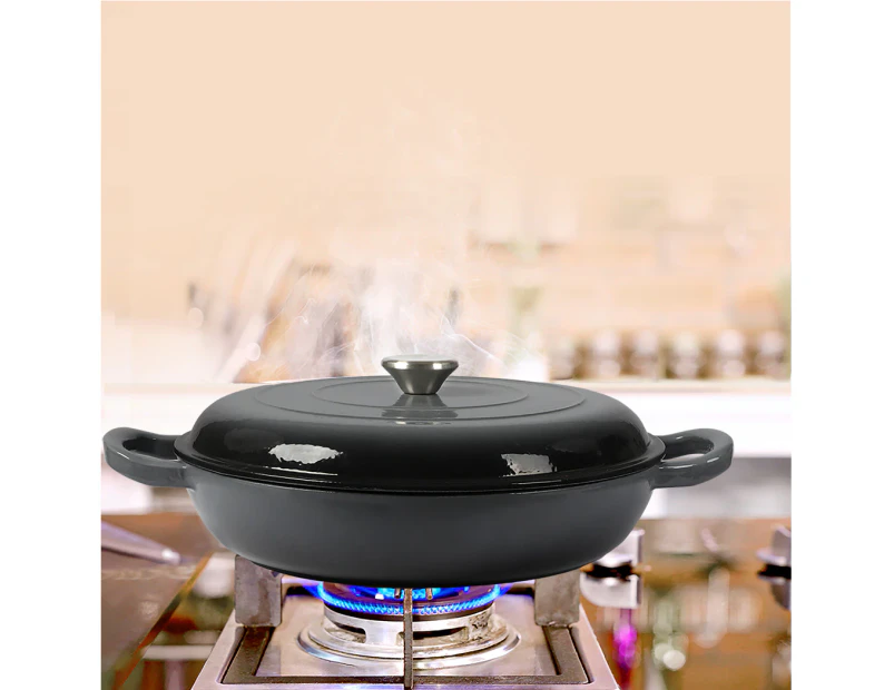 Toque 3.5L Cast Iron Pan Dutch Oven Enamel Casserole Pot Slow Cook Cooker Black