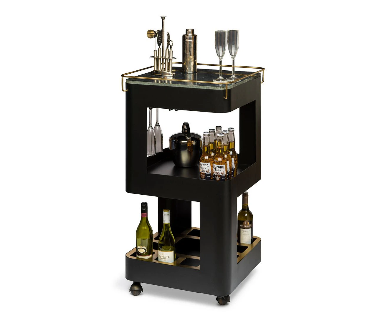 Bar Cabinet Black Gold Drinks Trolley Cart Wine Storage with Black Marble Top