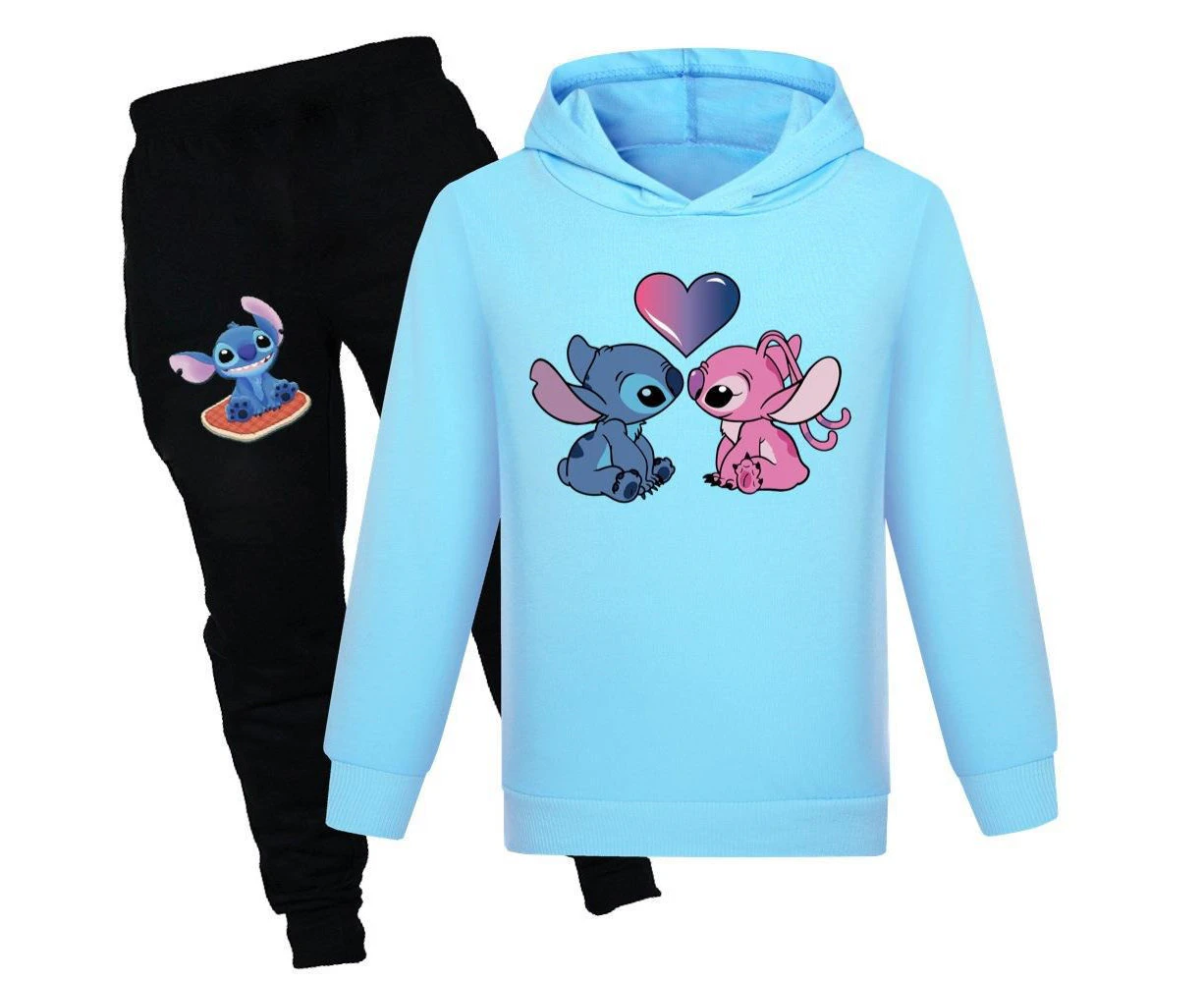 Kids Children Boys Girls Stitch Angel Printed Long Sleeve Hoodie Sweatshirt Pants Tracksuit Sports - Light Blue