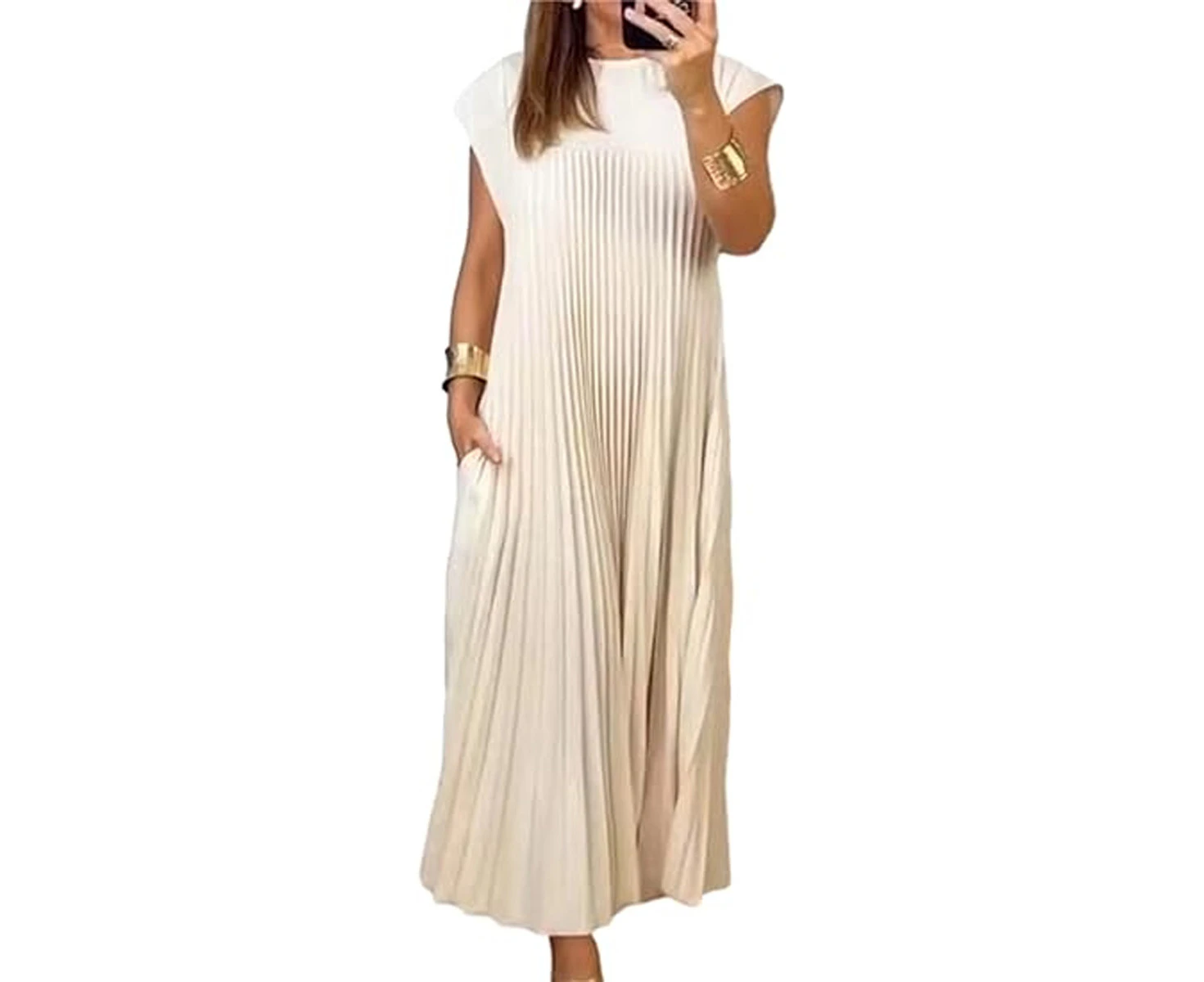 Women's Summer Pleated Maxi Dresses Casual Short Sleeve Swing Long Dresses with Pockets