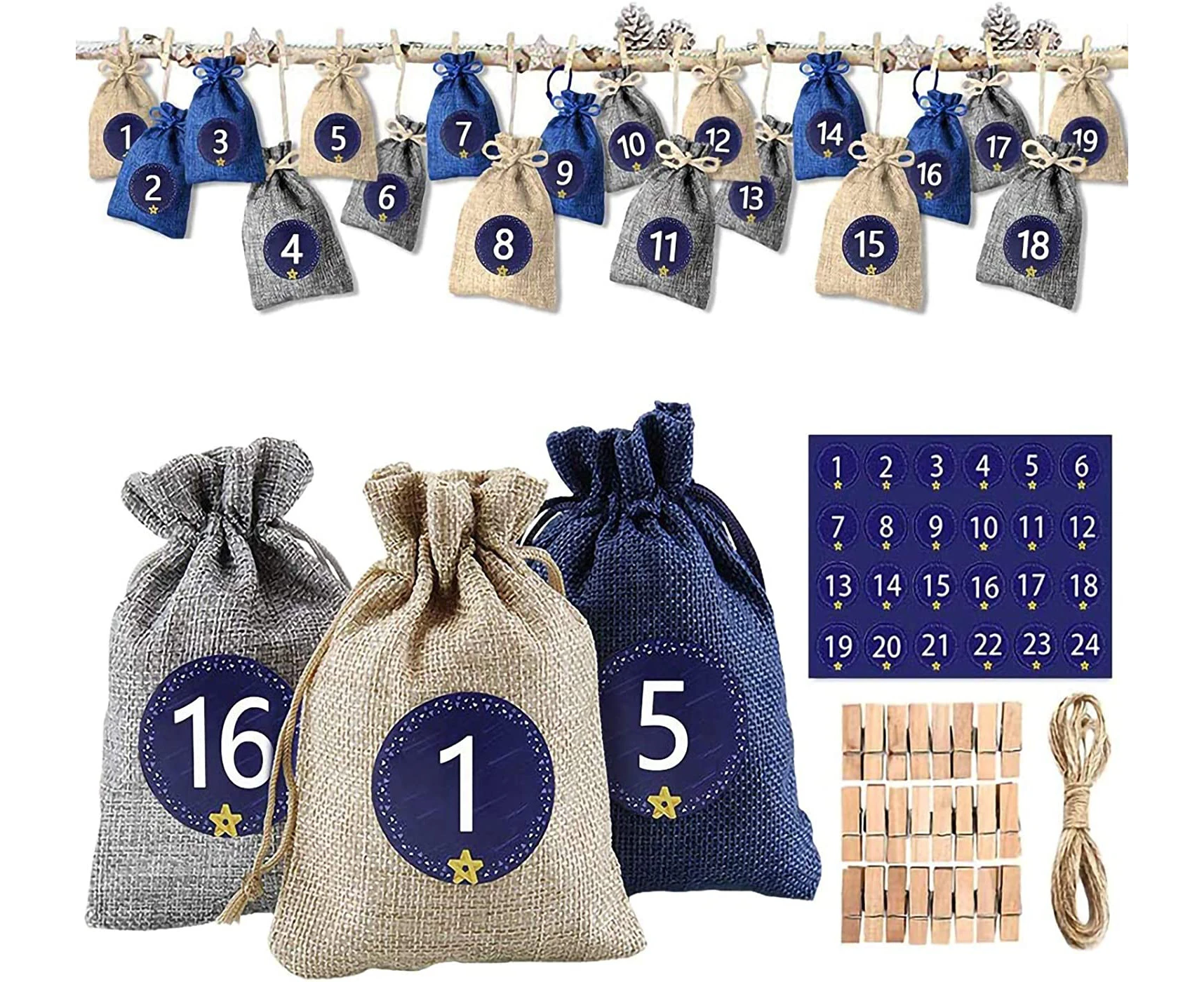 BNGXR Fillable Advent Calendar, 24 Cloth Gift Wrap Bags with Drawstring Cotton Drawstring Christmas Gift Bags Cloth Bags for Christmas Advent Calendar