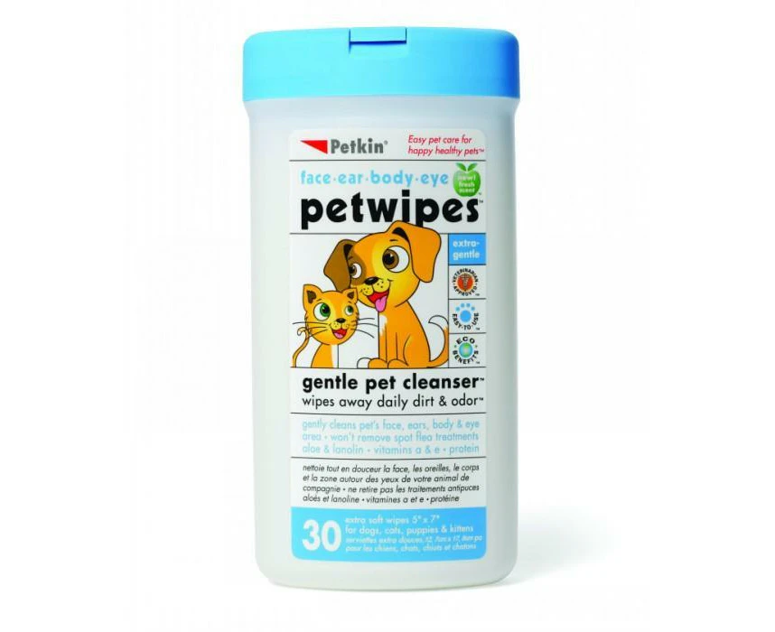 Petwipes for Dogs & Cats Wipes Away Daily Dirt & Odour - Petkin - 30 Wipes