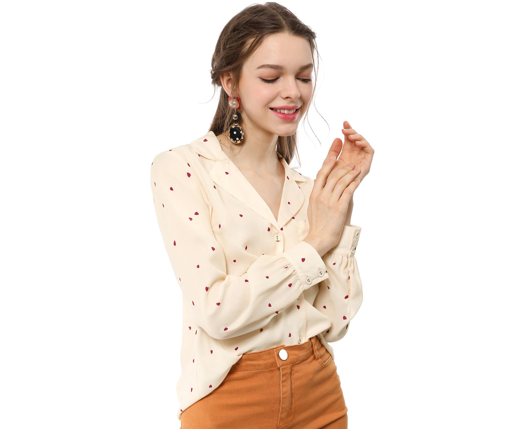 Allegra K Vintage Printed Button Down Tops Beige