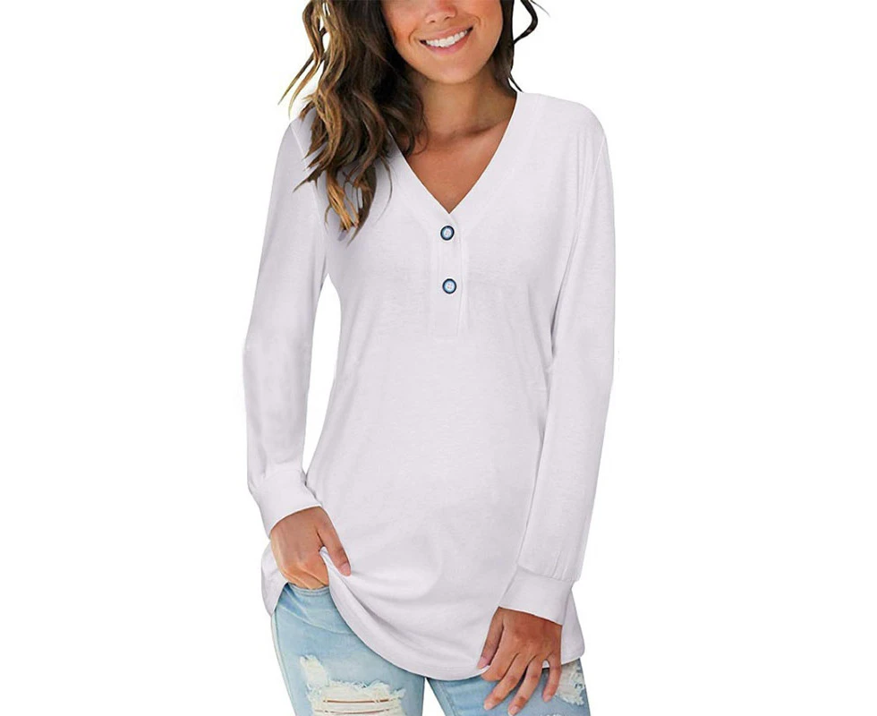 Women's Long Sleeve V-Neck Buttoned Loose Top - White