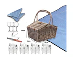 4 Person Picnic Basket Baskets Set Outdoor Blanket Willow Deluxe Folding Handle