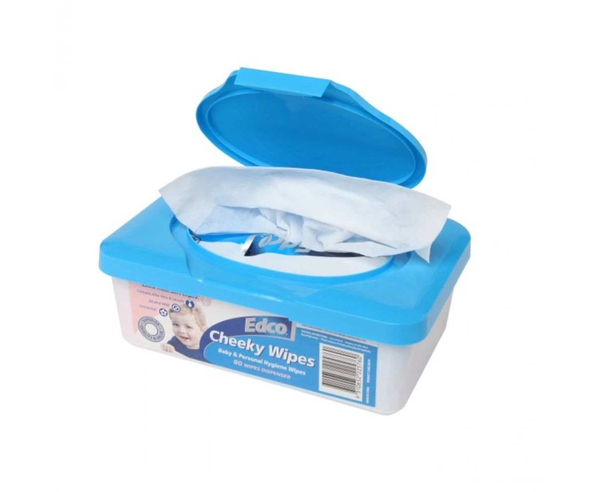 Edco 56210 Cheeky Wipes Dispenser Baby and Personal Hygiene - Last Stock - White / Blue Tub (80 Wipes)