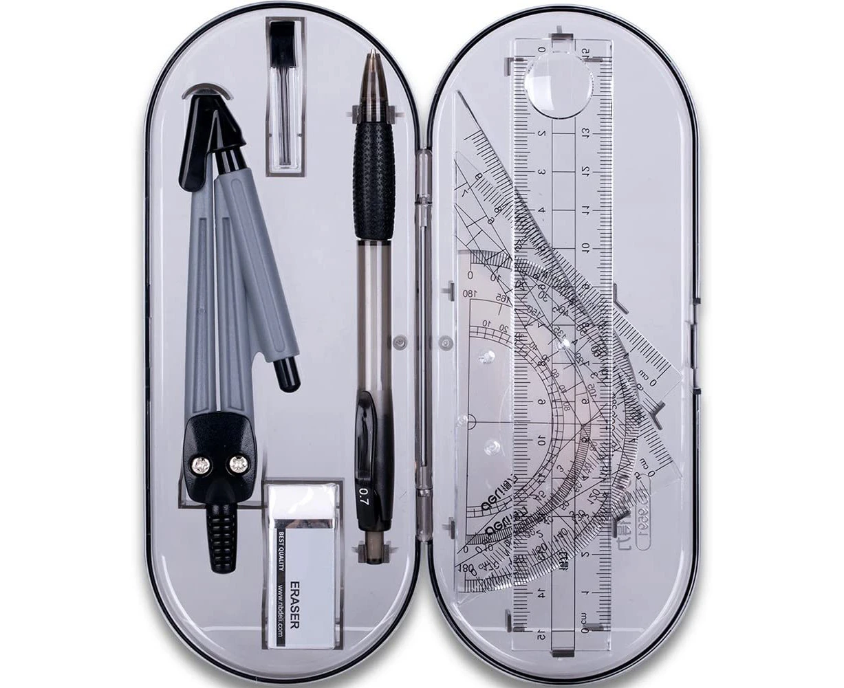 8 Pieces Math Geometry Kit Set Student Supplies with Shatterproof Storage Box,Includes Rulers,Protractor,Compass,Pencil,Eraser