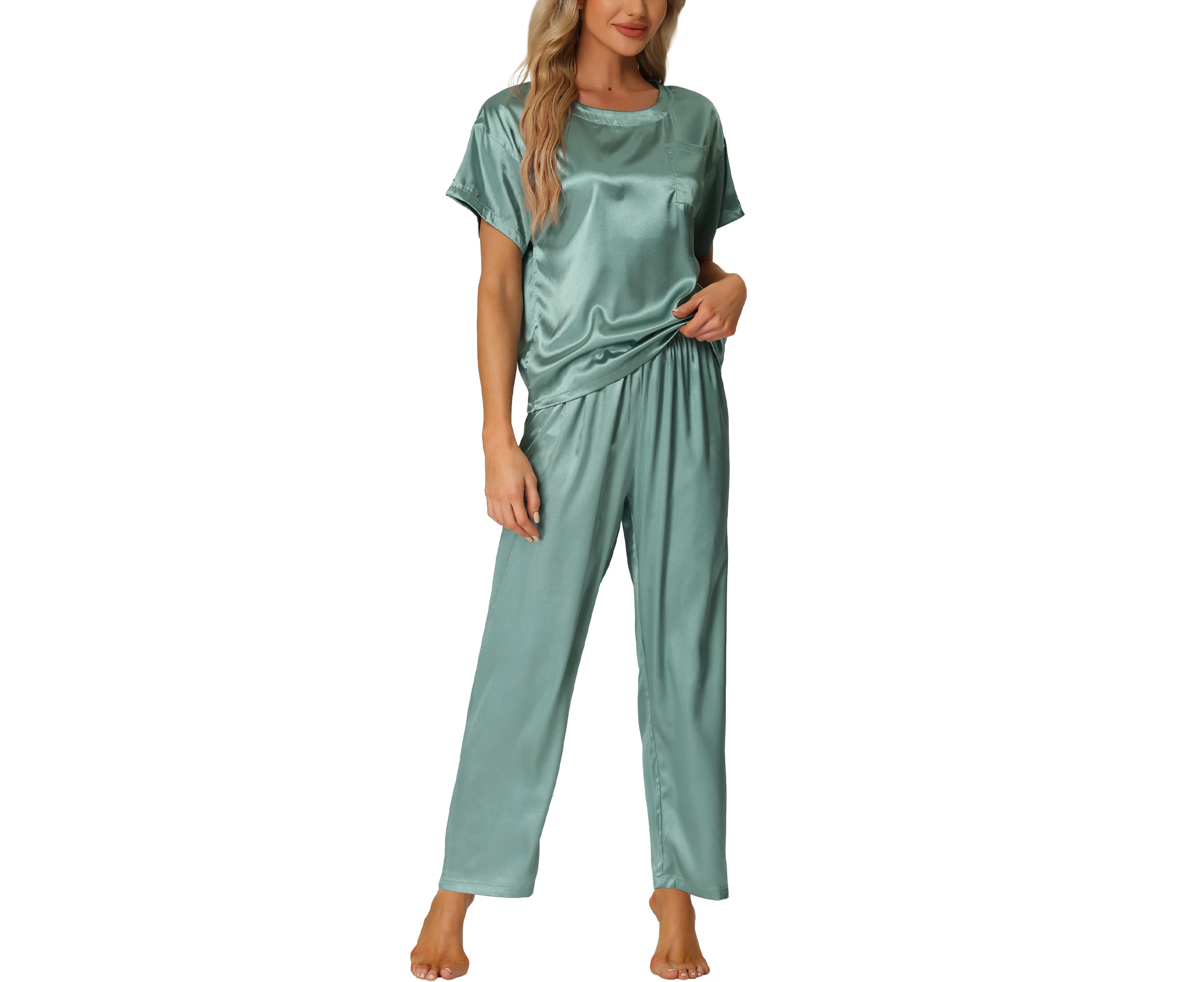 cheibear Satin Summer Tops Pants Silky Lounge Sets Gray Green