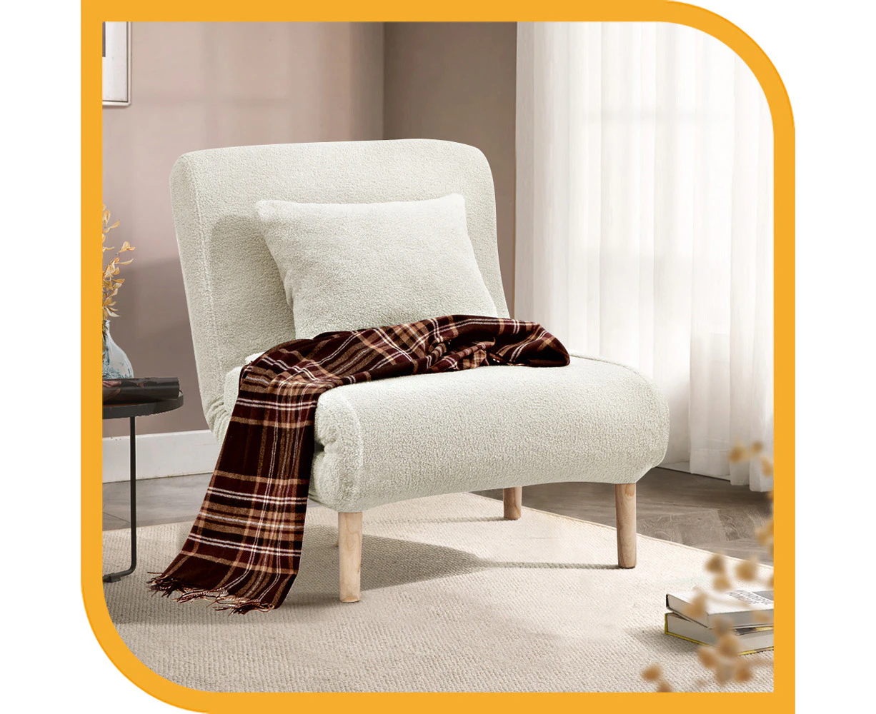 Furb Sofa Bed Lounge Chair Sherpa Fabric Folding Adjustable Recliner Wood Leg Single Seat Beige