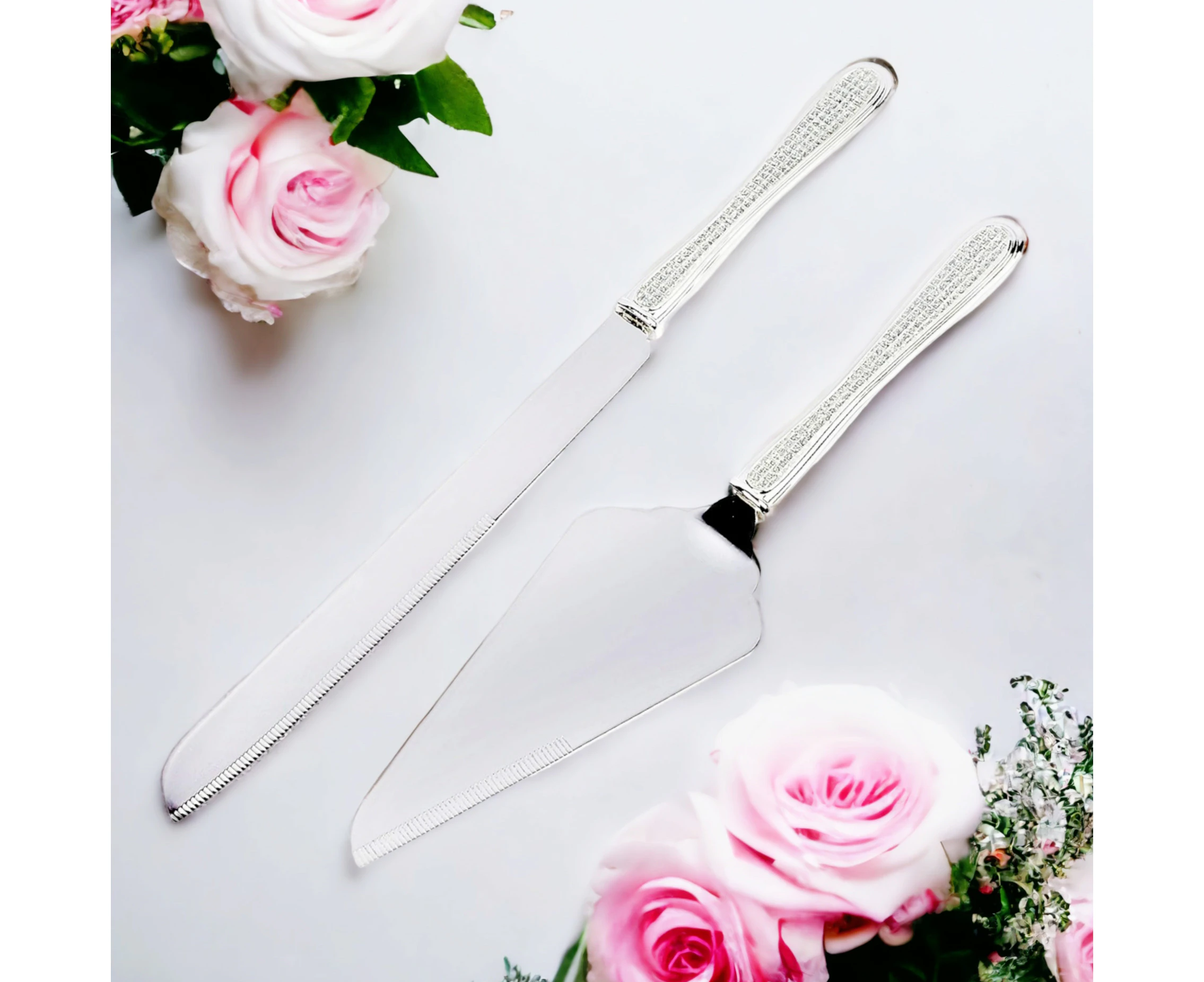 Set 2 Silver Cake Server & Knife with Diamante Crystal Handles