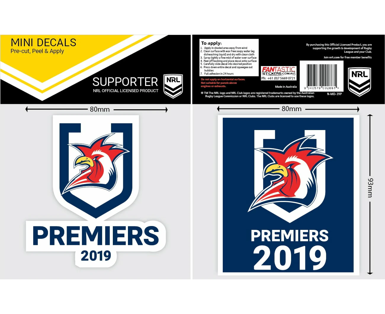 Sydney Roosters NRL 2019 Premiership Premiers Car Window 2 x MINI Decal Sticker