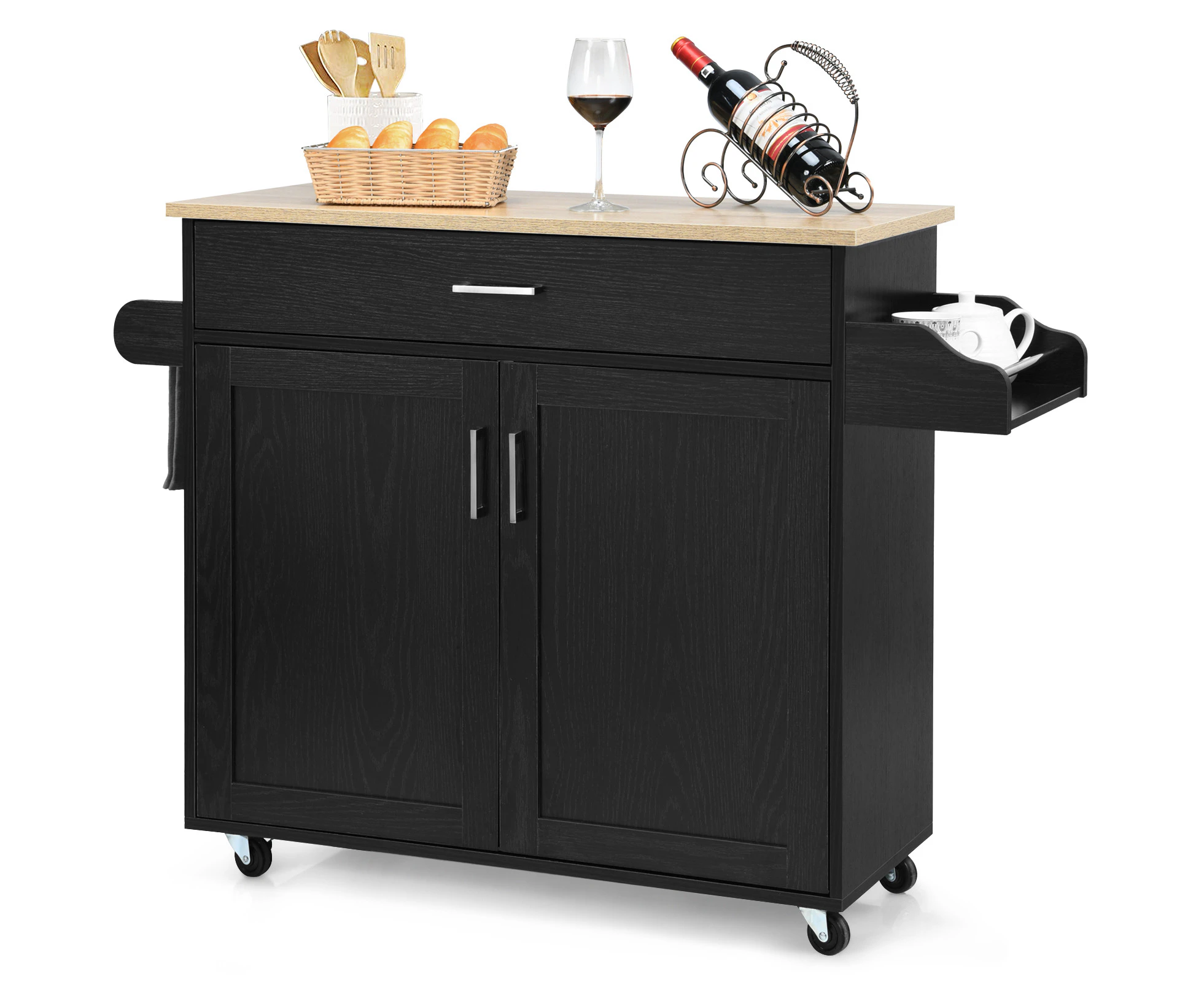 Giantex Wooden Rolling Kitchen Island Storage Cart Trolley w/ Adjustable Shelf Utility Buffet Cabinet Black