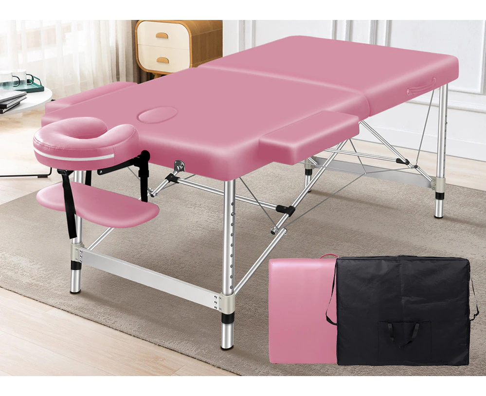 Alfordson Massage Table 2 Fold 75cm Foldable Portable Bed Desk Aluminium Lift Up Pink