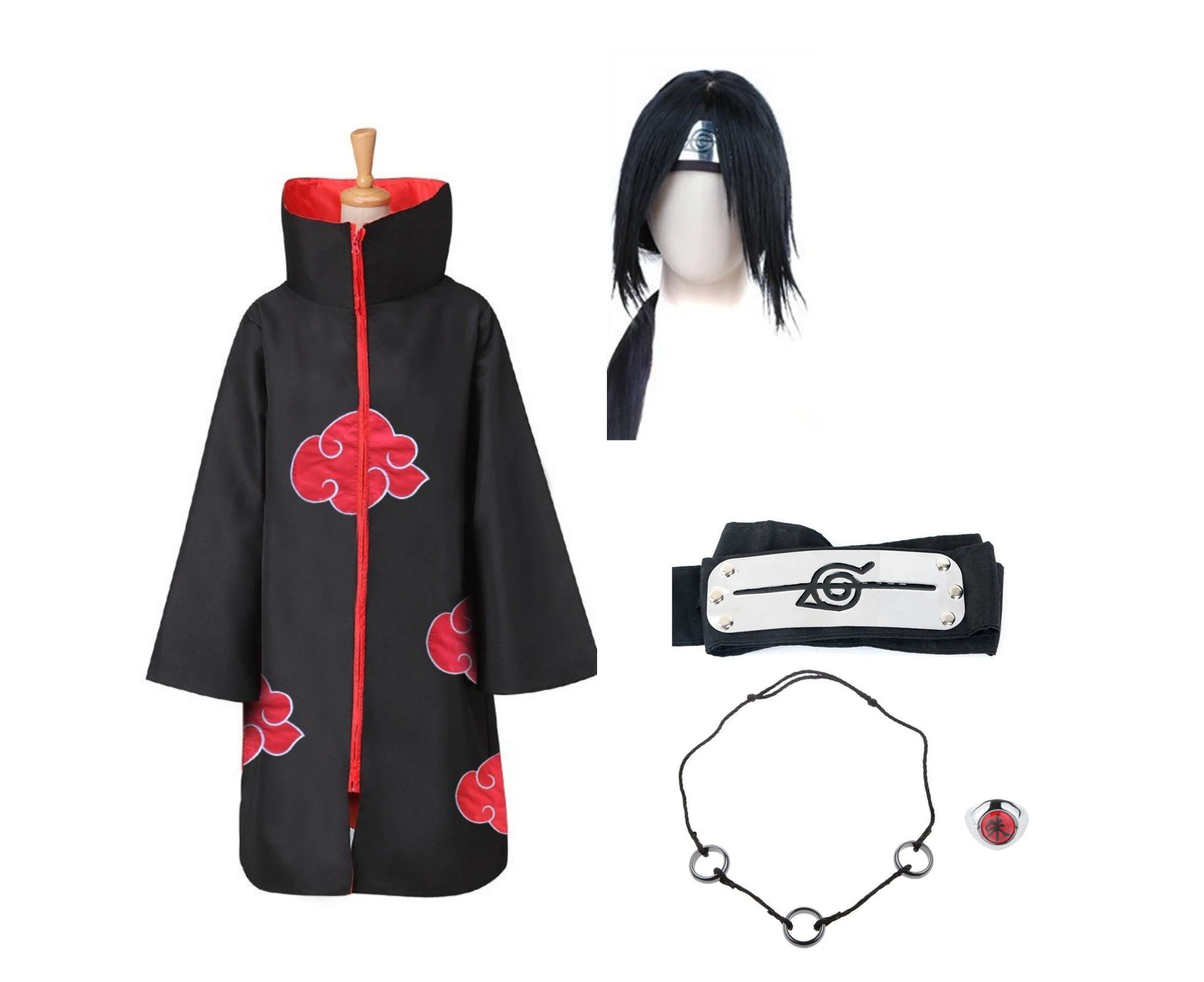 Naruto Akatsuki Robe Cloak Itachi Adult Costume Anime Cosplay Ring Headband Necklace Wig