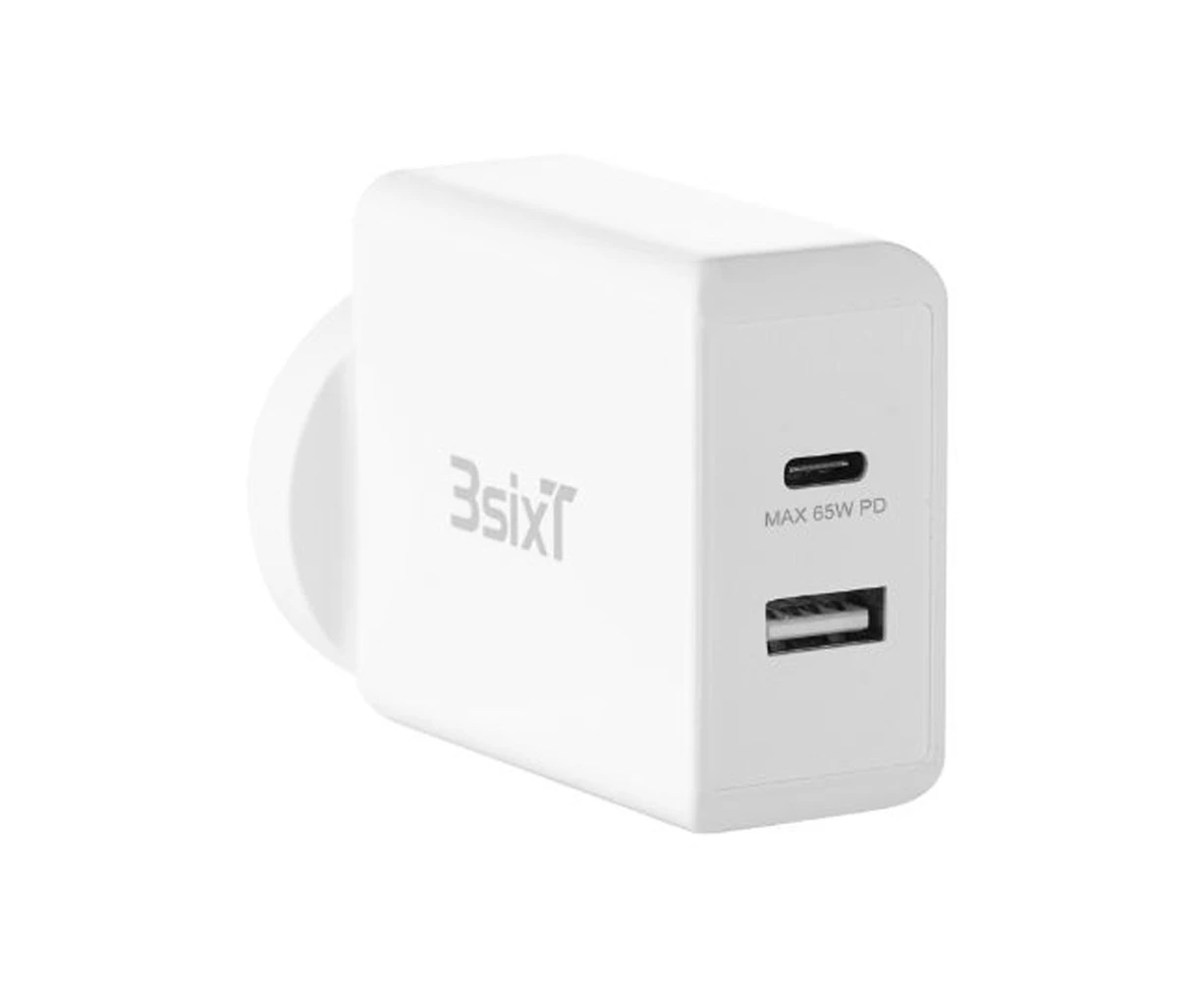 3sixT 65W Wall Charger AU/NZ Plug Dual Port USB-C PD 2.4A For iPhone/Samsung WHT