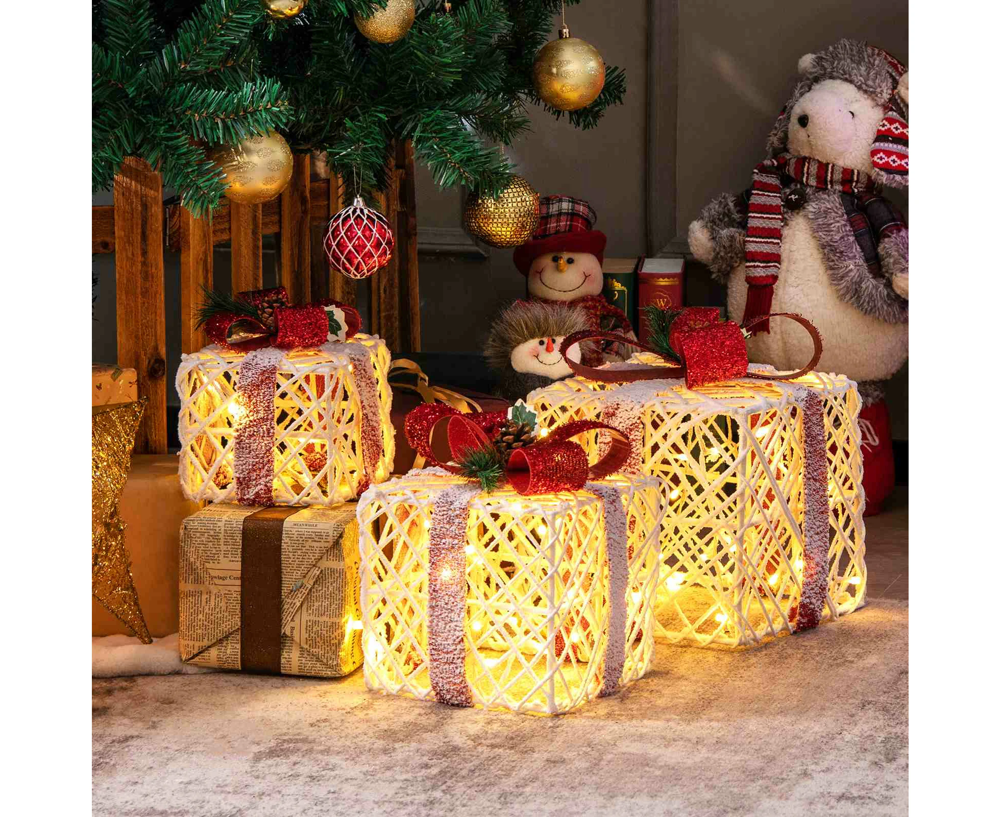 Costway 3PCS Christmas Lighted Gift Boxes Red Bowknots Present Xmas Ornament w/60 LED Porch Yard