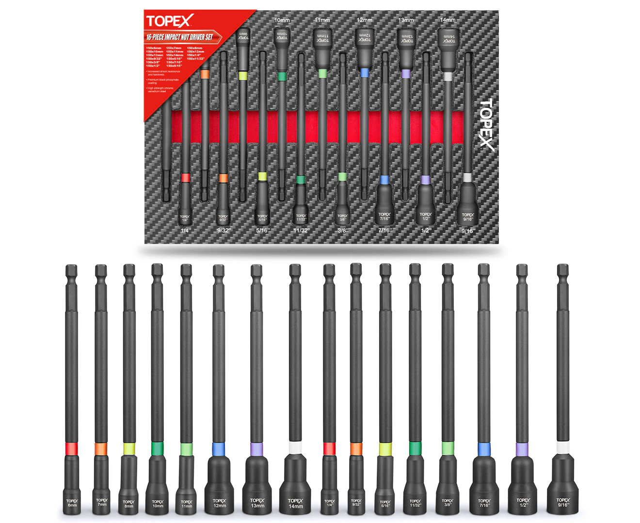 TOPEX 16Pcs Magnetic Impact Nut Driver Set Impact Grade Socket Extension Power Drill Bit Extensions Hex Shank Adapter Drill Nut Driver Tool Accessory