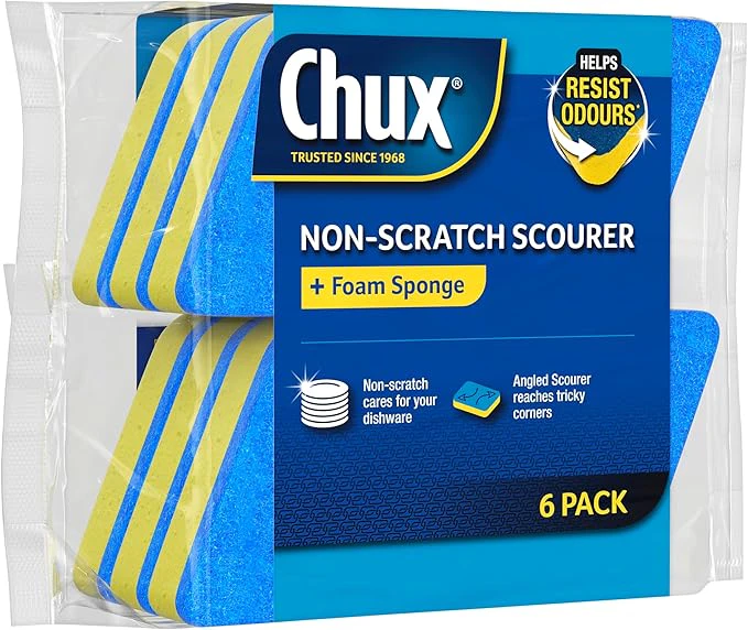 Chux Non Scratch Scourer + Foam Sponge, 6 Angled Scourers Suitable for Delicate Surfaces, 6 Count