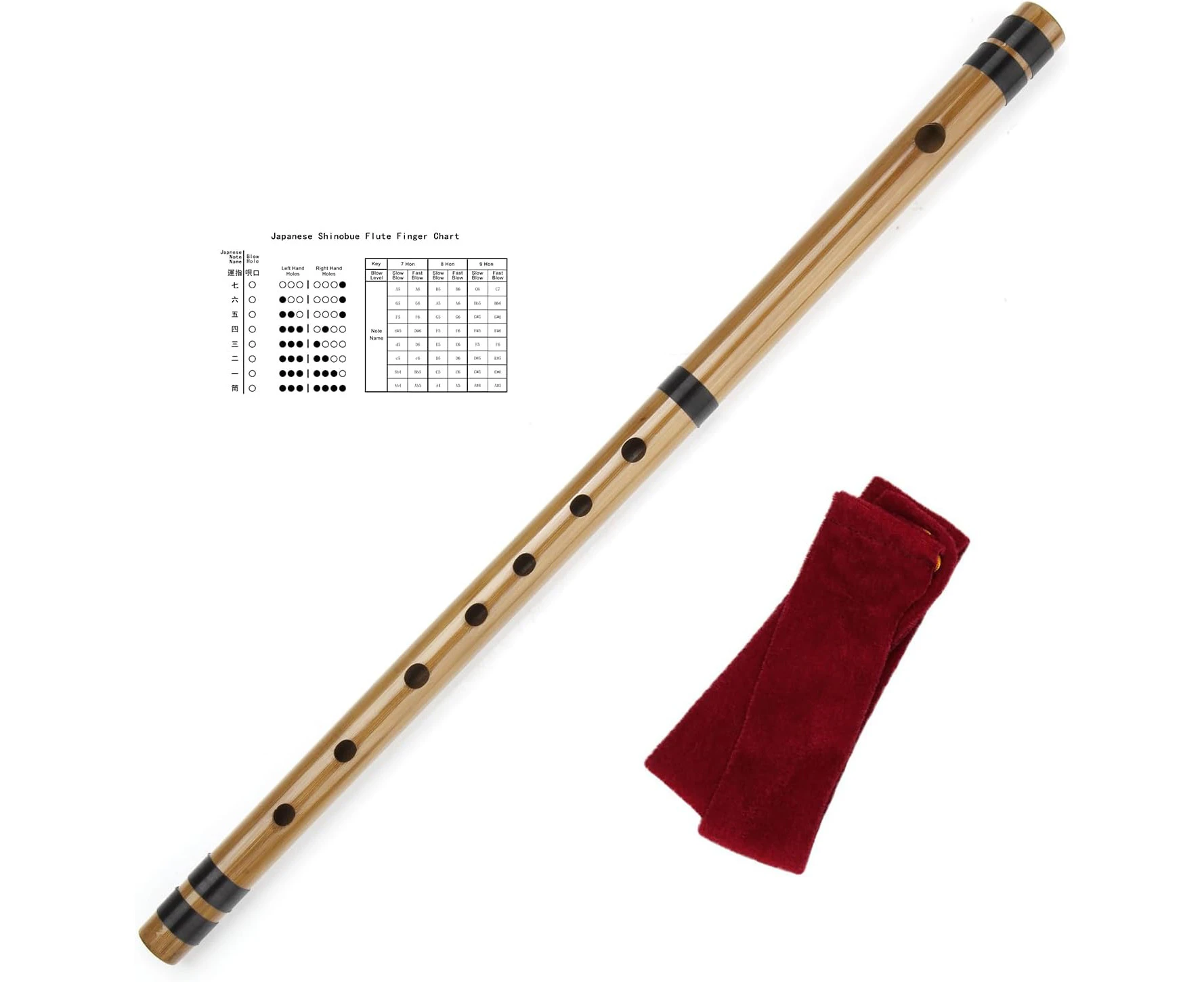 Japanese Bamboo Flute with Black Lines 7/8 Hon Handmade Bamboo Musical Instrument (7 Hon)