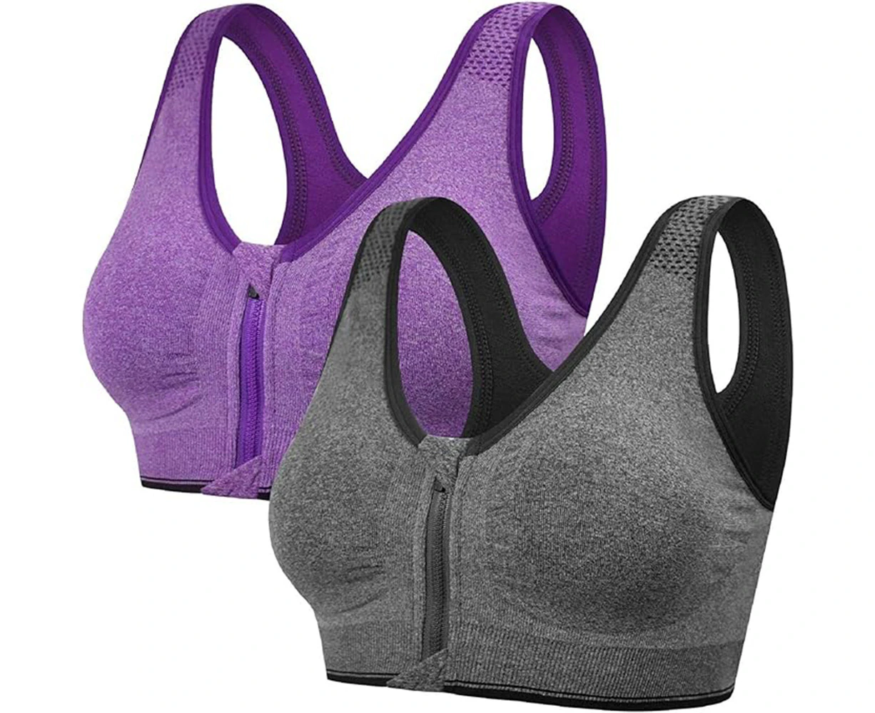 Padded Sports Bra, Elastic, No Underwire, Zip Front, Strong Support, Double Straps (XXL)