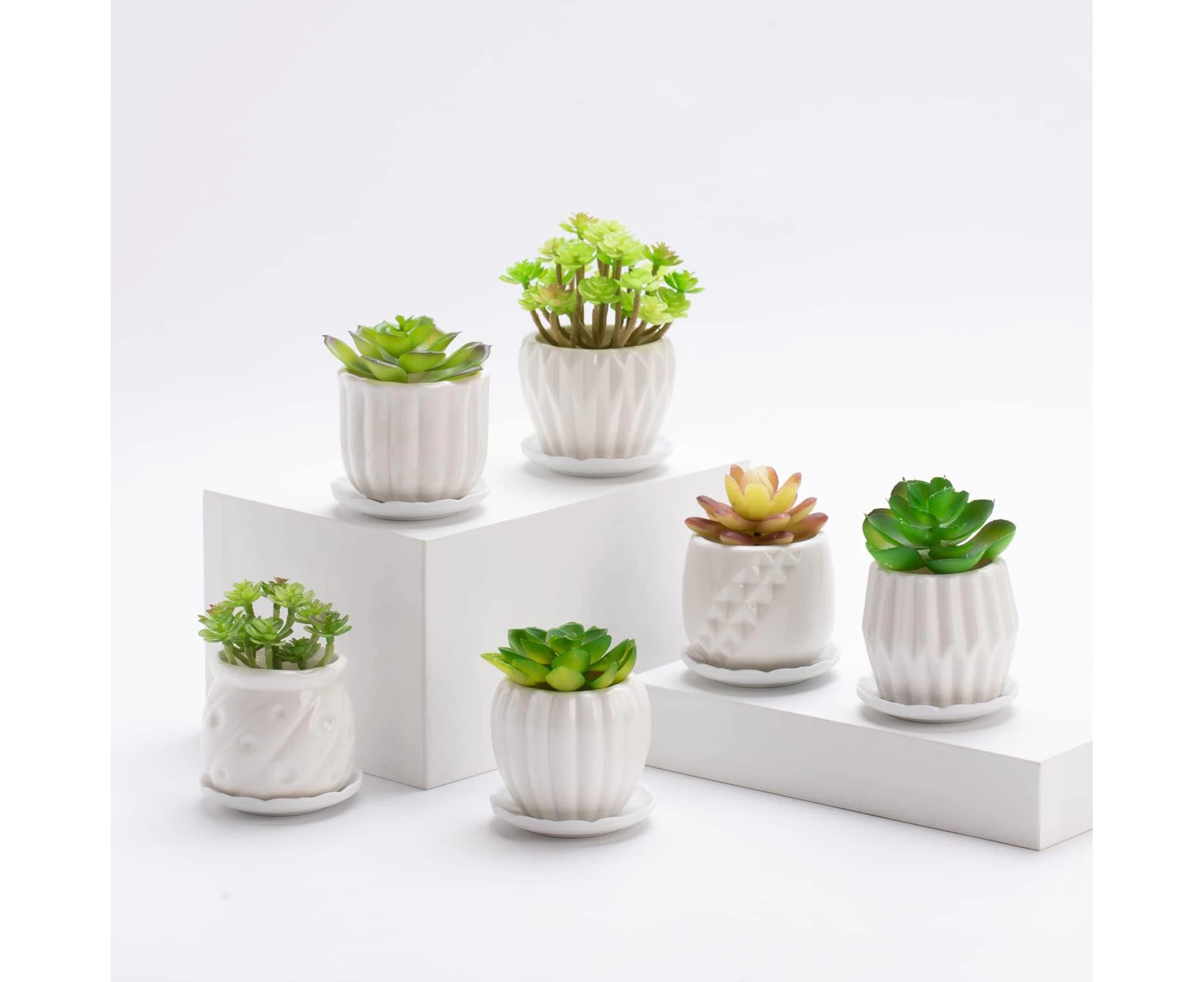 Set of 6 White Simple Porcelain Planters for Small Plant Pots Baby Succulent Cactus with Drainage and Saucer for Home Office Decoration Gift