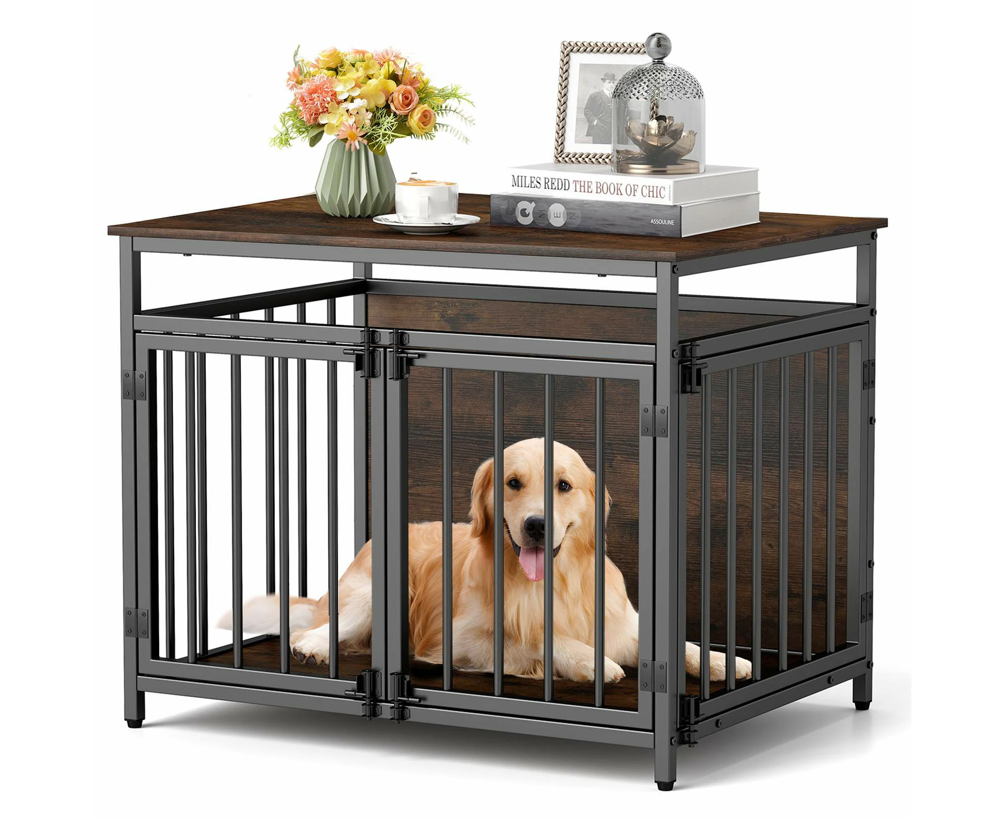 Chew-resistant Dog Crate Cage w/Three Doors Heavy Duty Dog Kennel For Small & Medium Dogs Brown