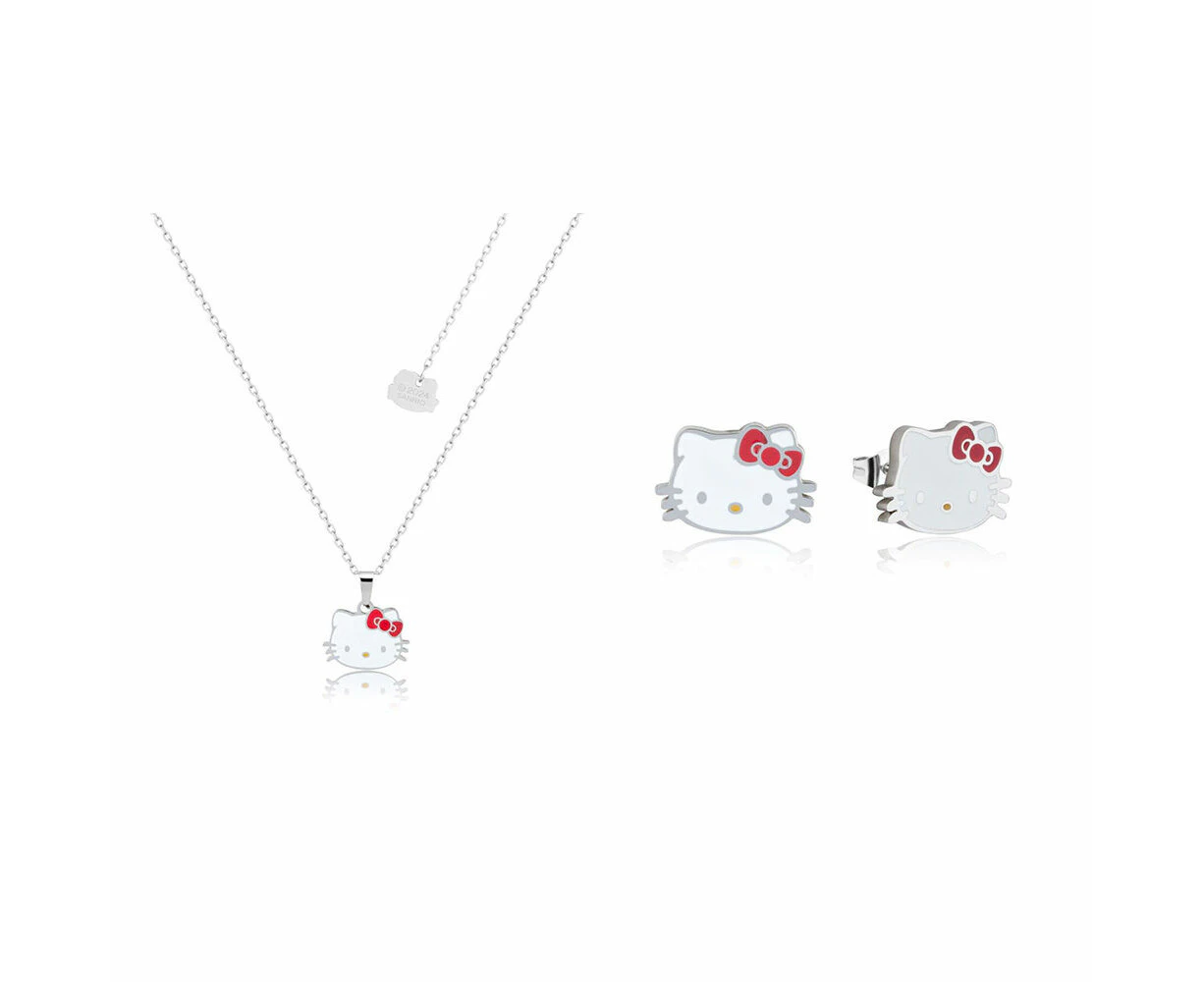 2pc Couture Kingdom Hello Kitty Head Enamel Necklace & Stud Earrings Silver