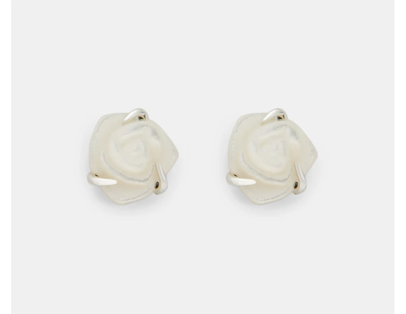 Pandora White Rose in Bloom Stud Earrings - White/Silver