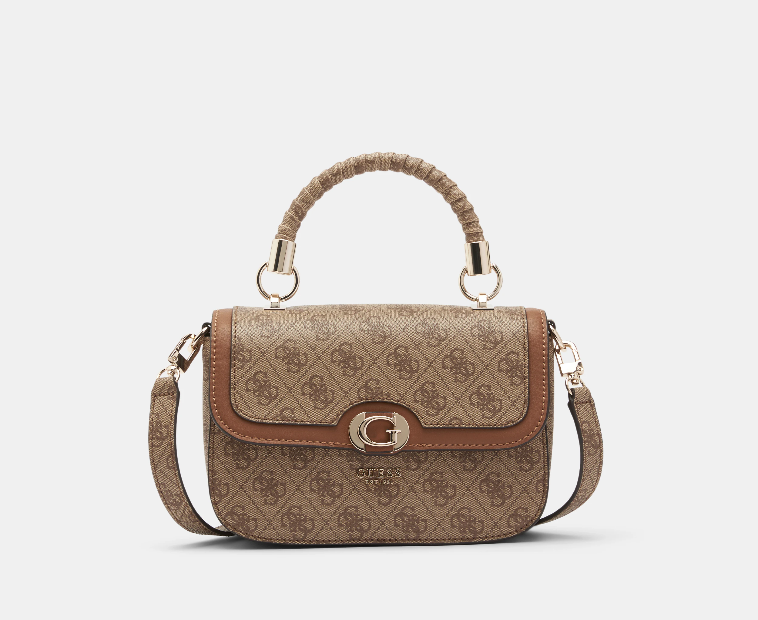 GUESS Orlina Logo Top Handle Flap Bag - Latte Logo/Brown