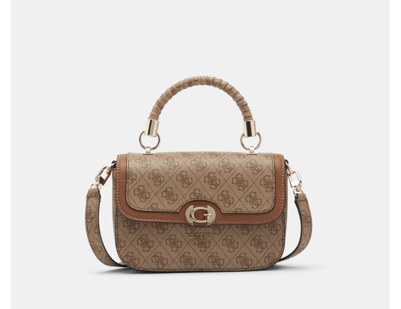 GUESS Orlina Logo Top Handle Flap Bag - Latte Logo/Brown