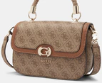 GUESS Orlina Logo Top Handle Flap Bag - Latte Logo/Brown