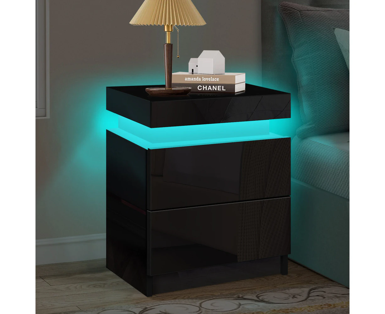 ALFORDSON Bedside Table RGB LED 2 Drawers Black