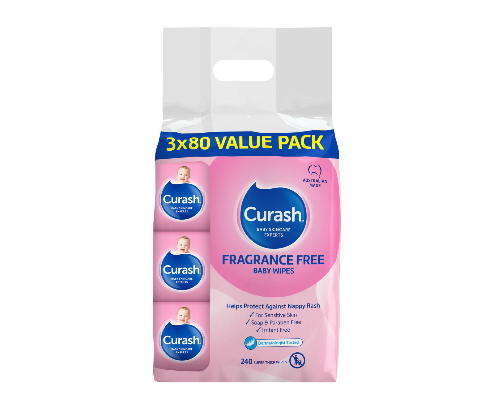 Curash Fragrance Free Baby Wipes 3 x 80 Pack