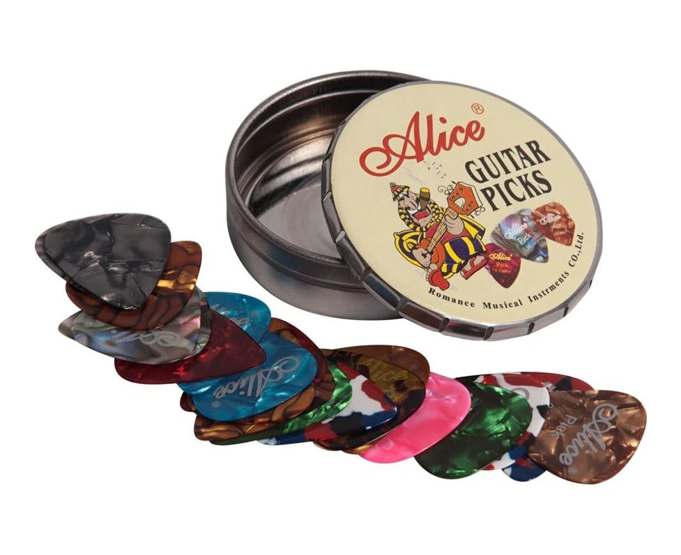 Set of 20x Alice Guitar Picks - Variety Pack - Celluloid - Round Tin