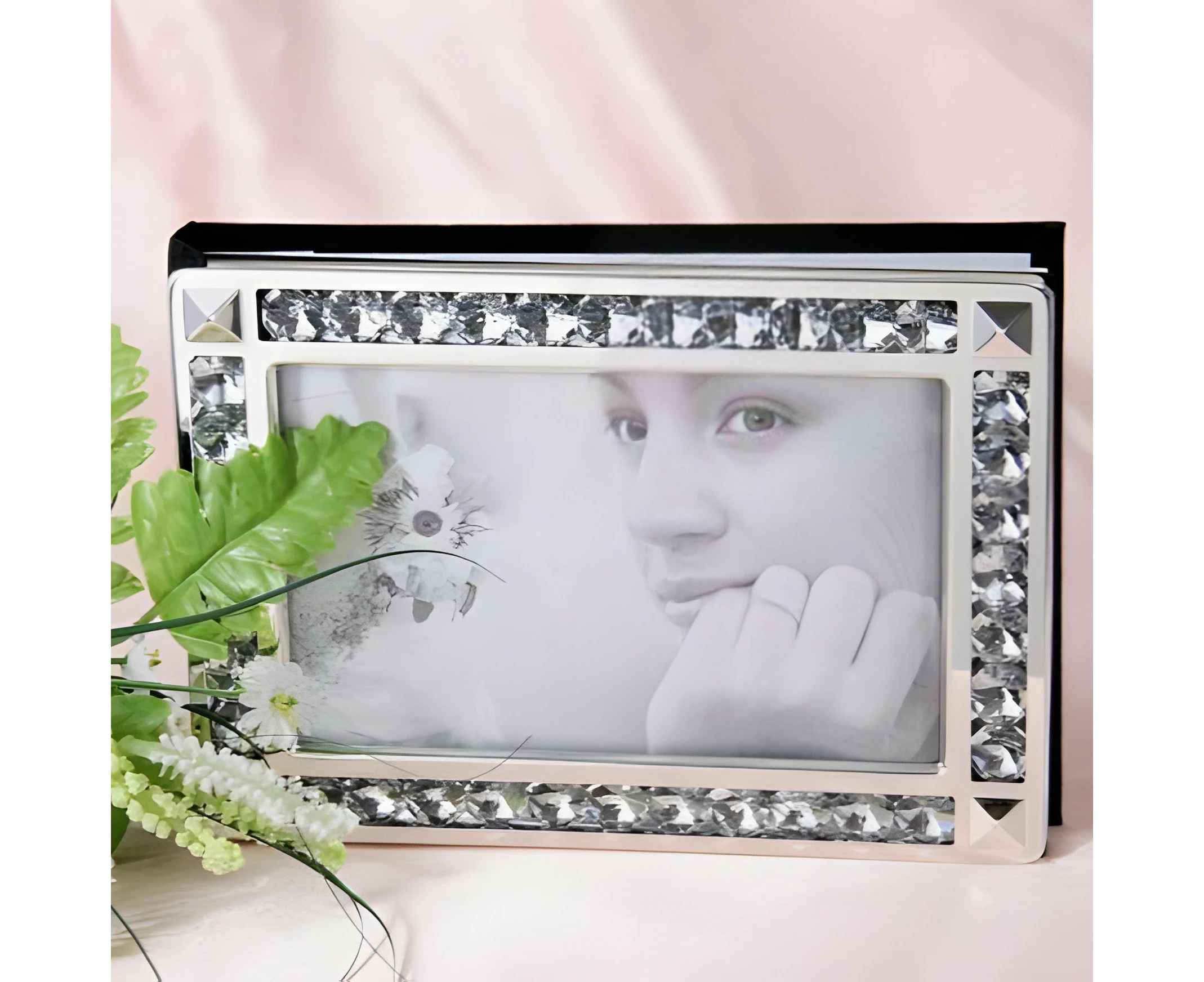 Silver Framed Crystal Jewels Edge Wedding Signature Message Guest Book in Gift Box