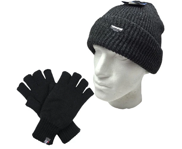 2pcs Winter Set Mens 3M Thinsulate Beanie Hat + Knitted Fingerless Gloves Snow